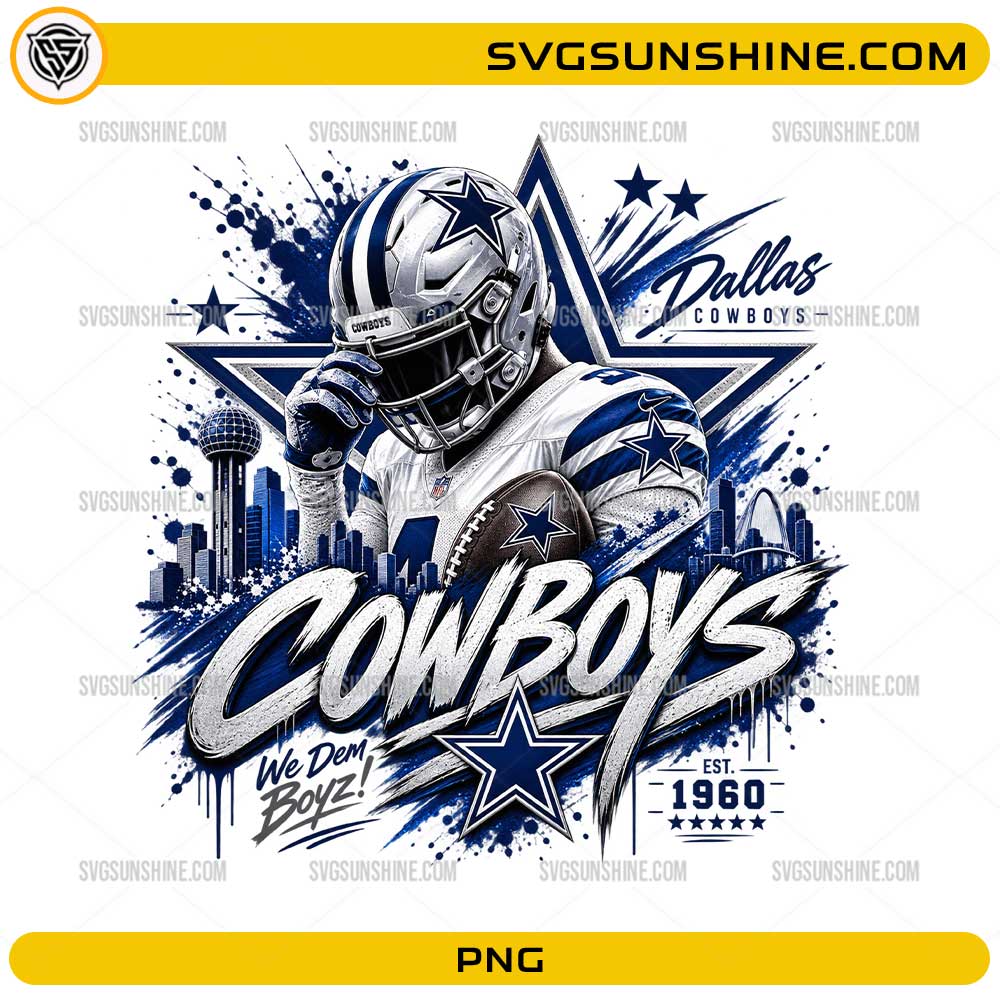 Dallas Cowboys We Dem Boyz PNG football player design with star graphics and city skyline digital download