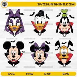Disney Halloween Vampire Characters SVG Bundle featuring Mickey Minnie Donald Daisy Goofy Pluto vampire Halloween designs