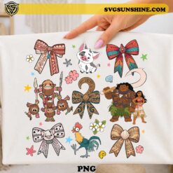 Disney Moana Bow PNG featuring Moana, Maui, Pua, Hei Hei, Kakamora, tropical bows, flowers, and island-themed artwork