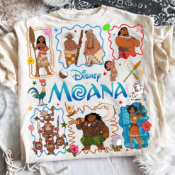 Disney Moana Characters PNG Design featuring Moana, Maui, Hei Hei, Pua, Kakamora and tropical island artwork
