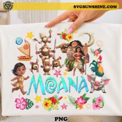 Disney Moana PNG featuring Moana Maui Pua Hei Hei Kakamora tropical island design