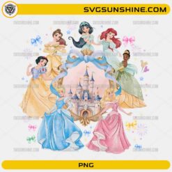 Disney Princess Castle PNG featuring Disney Princess characters around a magical castle