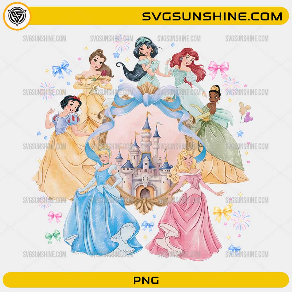 Disney Princess Castle PNG featuring Disney Princess characters around a magical castle