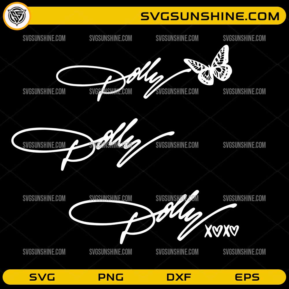 Dolly Parton Signature SVG PNG DXF EPS featuring elegant autograph lettering with butterfly design