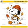 Fall Snoopy Coffee PNG featuring a cute beagle character wearing an orange beanie and scarf while holding a coffee cup with pumpkin and autumn leaves.
