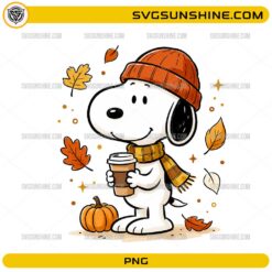 Fall Snoopy Coffee PNG featuring a cute beagle character wearing an orange beanie and scarf while holding a coffee cup with pumpkin and autumn leaves.