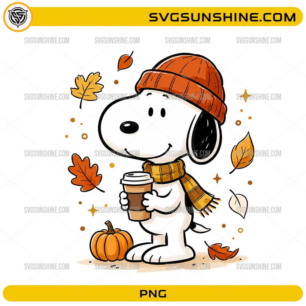Fall Snoopy Coffee PNG featuring a cute beagle character wearing an orange beanie and scarf while holding a coffee cup with pumpkin and autumn leaves.