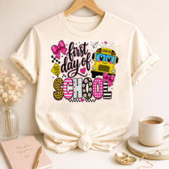 White t-shirt mockup featuring the First Day of School PNG design with a cute school bus, pink bows, and colorful back-to-school elements.