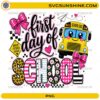 First Day of School PNG with a cute school bus, pink bows, colorful lettering, hearts, and back-to-school elements