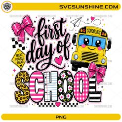 First Day of School PNG with a cute school bus, pink bows, colorful lettering, hearts, and back-to-school elements