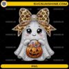 Ghost Rhinestone Halloween PNG featuring a cute ghost with a leopard-print bow holding a pumpkin candy bucket.
