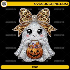 Ghost Rhinestone Halloween PNG featuring a cute ghost with a leopard-print bow holding a pumpkin candy bucket.