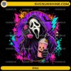 Ghostface Halloween Coffee PNG featuring a horror-inspired masked character holding a pumpkin coffee drink with retro neon Halloween graphics