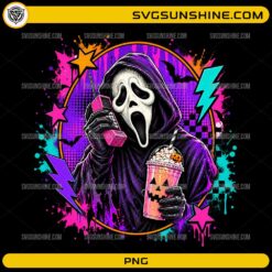 Ghostface Halloween Coffee PNG featuring a horror-inspired masked character holding a pumpkin coffee drink with retro neon Halloween graphics