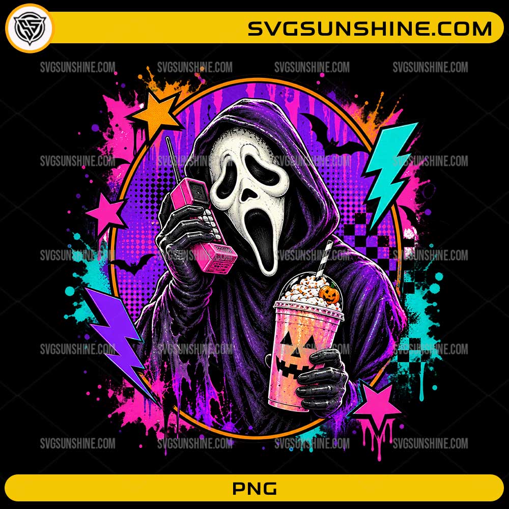Ghostface Halloween Coffee PNG featuring a horror-inspired masked character holding a pumpkin coffee drink with retro neon Halloween graphics
