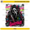 Ghostface Horror Movie PNG featuring a masked horror character holding a knife with colorful graffiti artwork and scary movie-themed quotes.