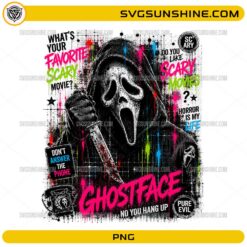 Ghostface Horror Movie PNG featuring a masked horror character holding a knife with colorful graffiti artwork and scary movie-themed quotes.
