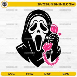 Ghostface Love Call SVG featuring a horror-inspired masked character holding a pink telephone with hearts