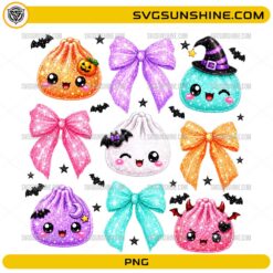 Halloween Dumpling PNG with cute kawaii dumplings, witch hats, pumpkins, bats, glitter bows, and Halloween accessories