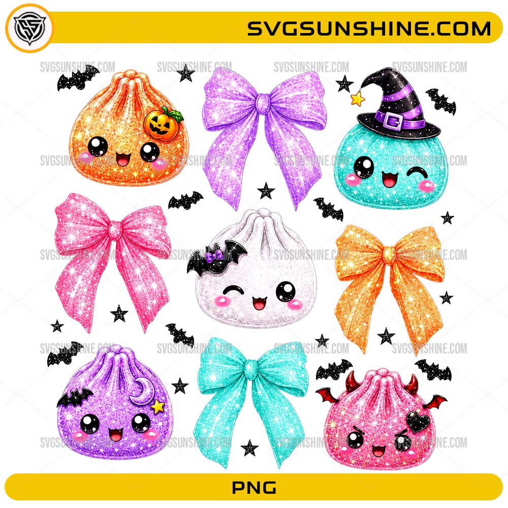 Halloween Dumpling PNG with cute kawaii dumplings, witch hats, pumpkins, bats, glitter bows, and Halloween accessories