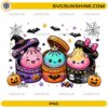 Halloween Dumplings PNG with three cute kawaii dumplings, witch hat, crown, bow, pumpkins, bats, and spider webs