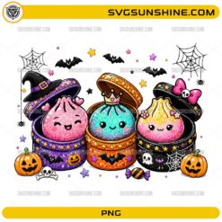 Halloween Dumplings PNG with three cute kawaii dumplings, witch hat, crown, bow, pumpkins, bats, and spider webs