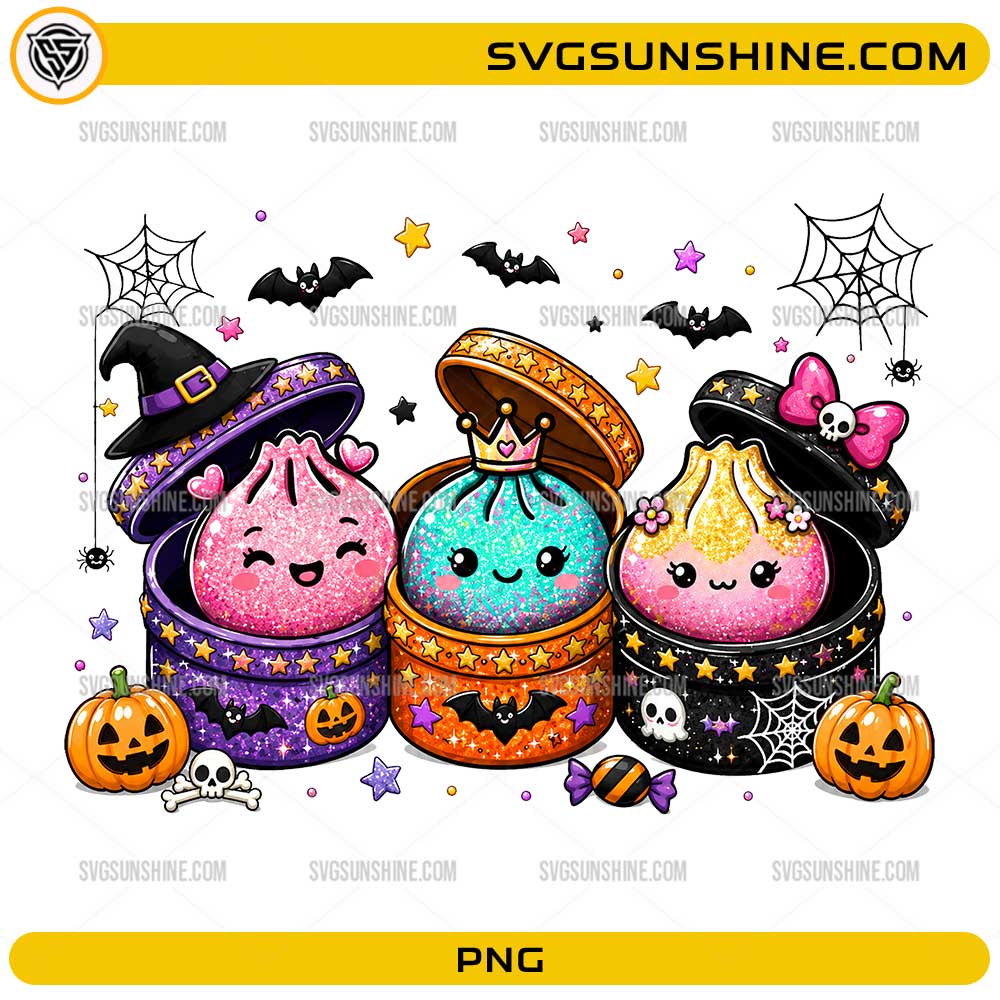 Halloween Dumplings PNG with three cute kawaii dumplings, witch hat, crown, bow, pumpkins, bats, and spider webs