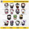 Halloween Hello Kitty Horror Characters SVG Bundle featuring cute kitty characters dressed in spooky Halloween costumes including mummy, skeleton, ghost, witch, and horror-inspired outfits