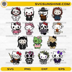 Halloween Hello Kitty Horror Characters SVG Bundle featuring cute kitty characters dressed in spooky Halloween costumes including mummy, skeleton, ghost, witch, and horror-inspired outfits