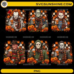 Halloween Horror Movie Characters Fall Coffee PNG Bundle featuring Pennywise Chucky Michael Myers Jason Freddy Krueger Frankenstein with pumpkins and autumn coffee cups