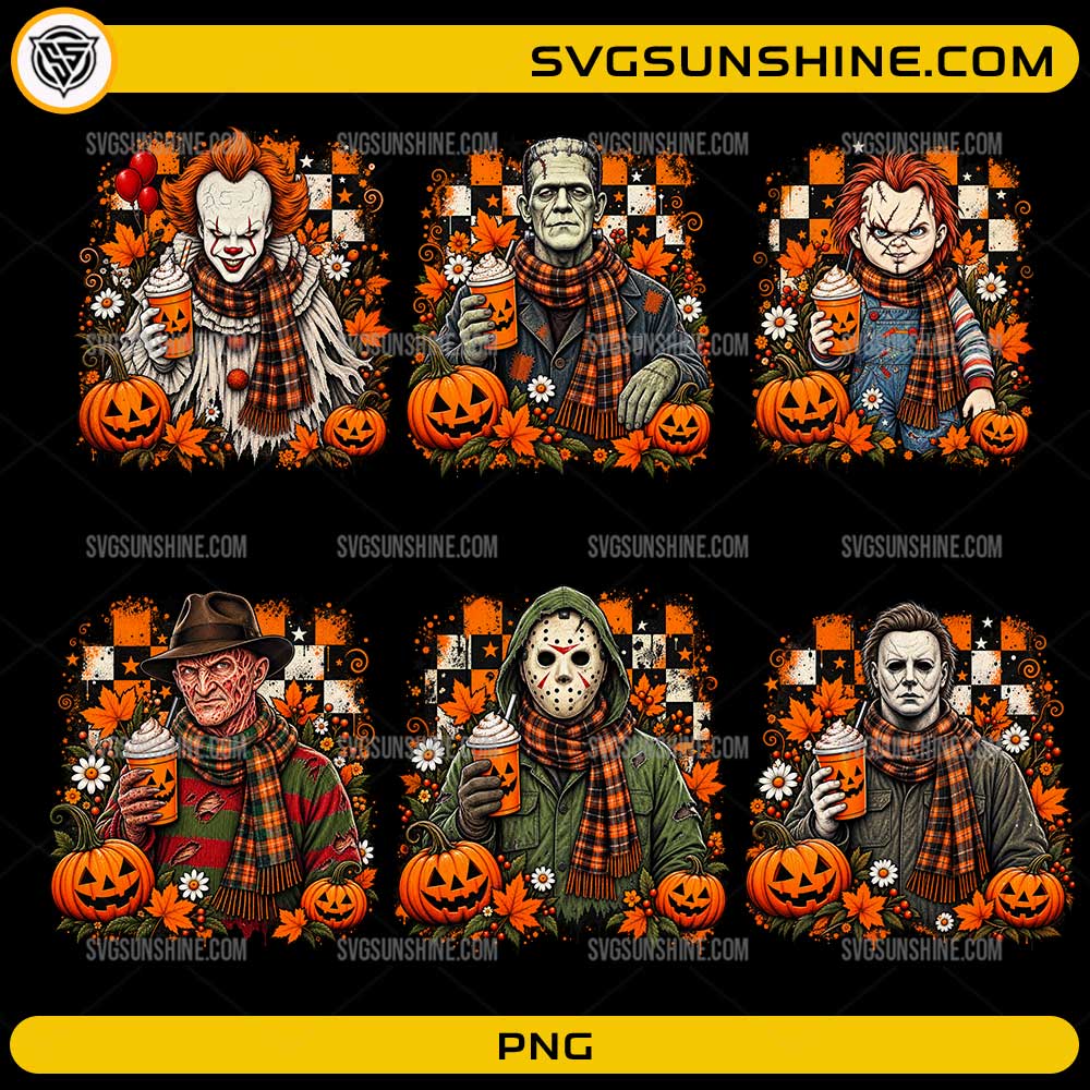 Halloween Horror Movie Characters Fall Coffee PNG Bundle featuring Pennywise Chucky Michael Myers Jason Freddy Krueger Frankenstein with pumpkins and autumn coffee cups