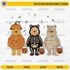 Halloween Winnie Pooh Pumpkin Skeleton Mummy SVG with cute bear characters in pumpkin, skeleton, and mummy costumes carrying trick or treat buckets