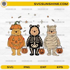 Halloween Winnie Pooh Pumpkin Skeleton Mummy SVG with cute bear characters in pumpkin, skeleton, and mummy costumes carrying trick or treat buckets