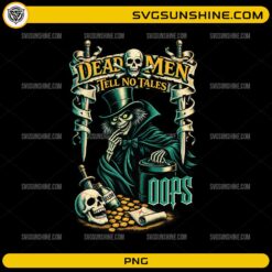 Hatbox Ghost Haunted Mansion PNG featuring a spooky skeleton ghost with top hat, treasure coins, swords, and Dead Men Tell No Tales Oops quote