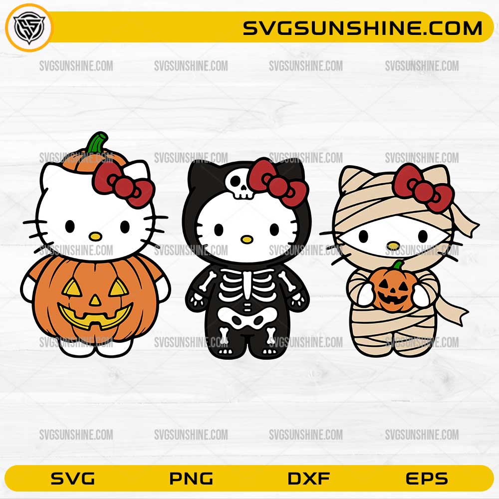 Hello Kitty Halloween SVG Bundle featuring cute pumpkin skeleton and mummy Halloween costume designs