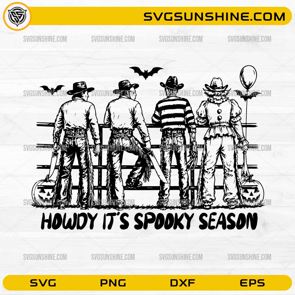 Horror Characters Howdy It’s Spooky Season SVG featuring horror killer cowboys and Western Halloween design for Cricut and Silhouette