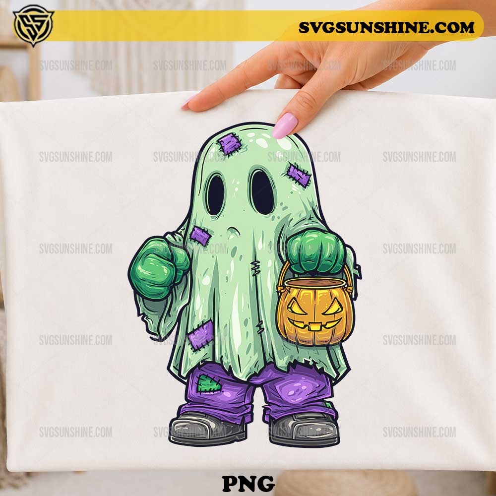 Hulk Halloween Ghost PNG cute green ghost character holding pumpkin trick or treat bucket