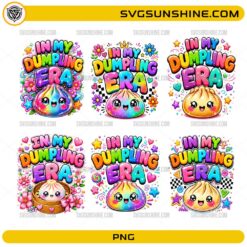 In My Dumpling Era Bundle PNG featuring six cute kawaii dumpling designs with colorful rainbow lettering and floral decorations