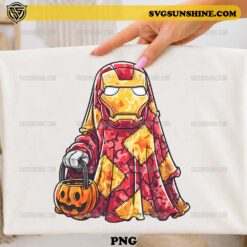 Iron Man Halloween Ghost PNG cute ghost character holding pumpkin trick or treat bucket