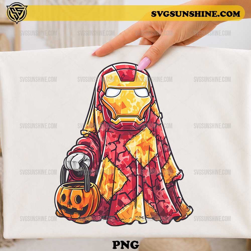 Iron Man Halloween Ghost PNG cute ghost character holding pumpkin trick or treat bucket