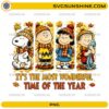 It's The Most Wonderful Time Of The Year Fall Peanuts PNG featuring cozy cartoon friends wearing scarves and beanies with colorful autumn leaves.