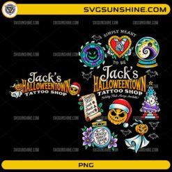 Jack’s Halloweentown Tattoo Shop PNG with Halloween tattoo flash artwork, pumpkins, bats, potion bottle, crystal ball, and spooky holiday elements