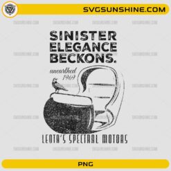 Leota’s Spectral Motors PNG featuring vintage gothic typography, spectral vehicle artwork, and Sinister Elegance Beckons design