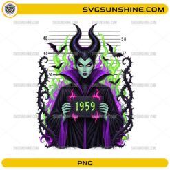 Maleficent 1959 PNG villain mugshot design with green flames and gothic fantasy artwork