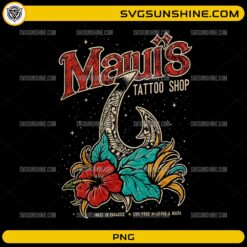Manu's Tattoo Shop PNG featuring a vintage engraved fish hook with tropical flowers and retro tattoo typography for sublimation and t-shirt printing.
