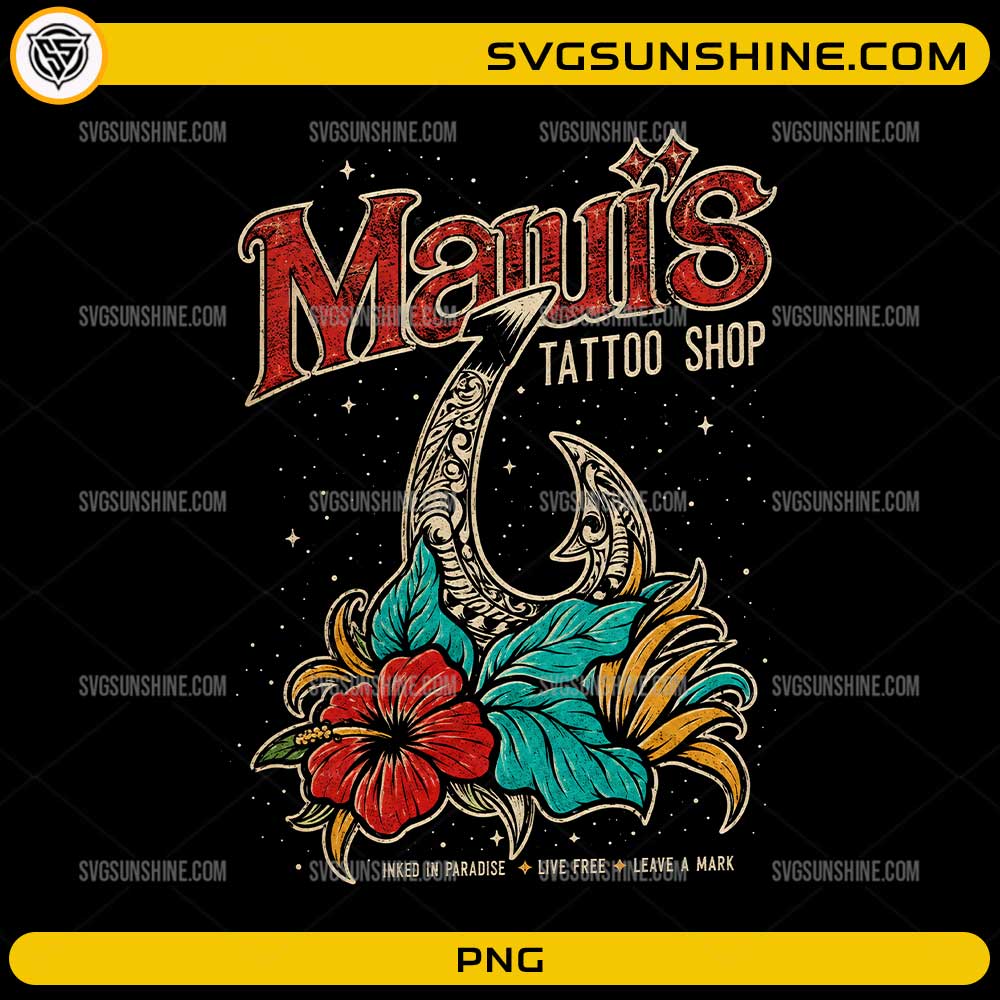 Manu's Tattoo Shop PNG featuring a vintage engraved fish hook with tropical flowers and retro tattoo typography for sublimation and t-shirt printing.