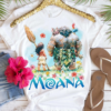 Moana and Maui Friendship PNG featuring Moana, Maui, Pua, Hei Hei, tropical flowers, and watercolor Disney-inspired artwork