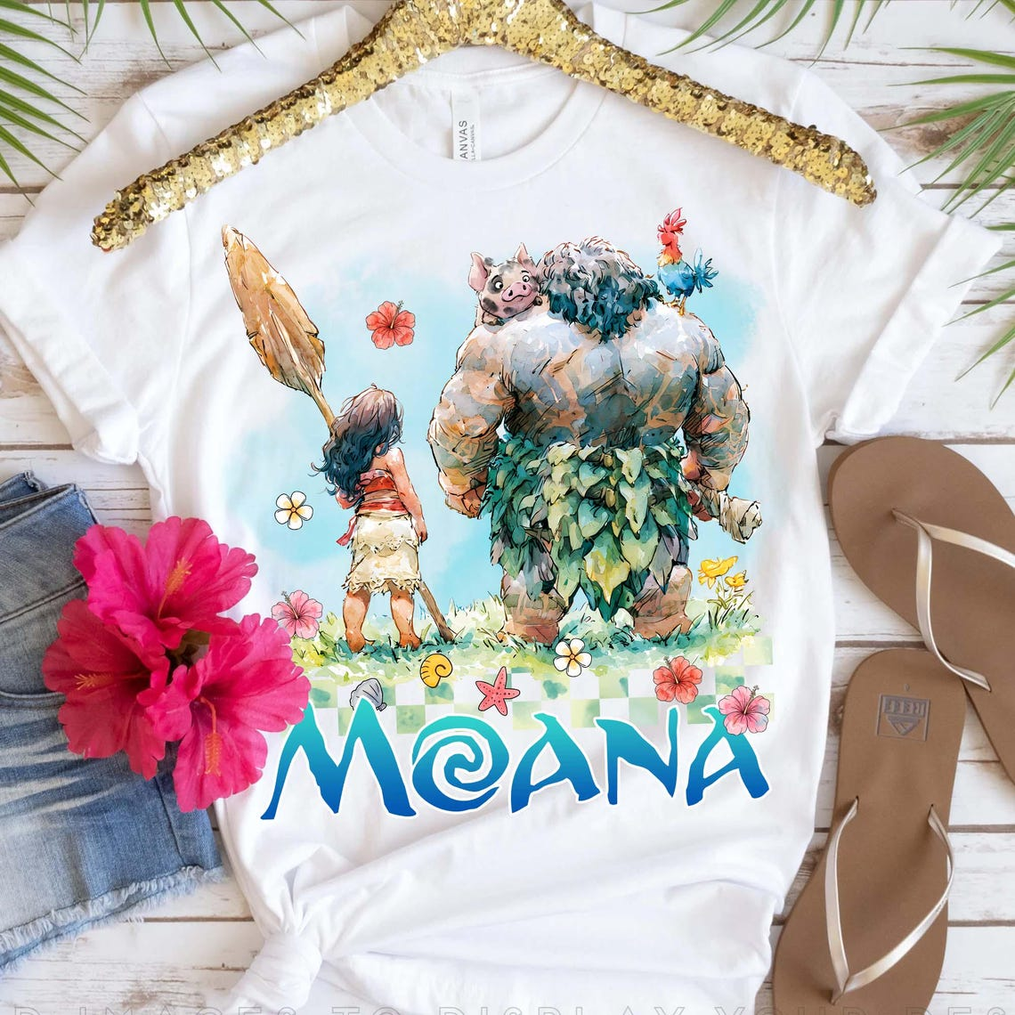 Moana and Maui Friendship PNG featuring Moana, Maui, Pua, Hei Hei, tropical flowers, and watercolor Disney-inspired artwork