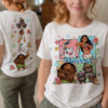 Moana Characters Front And Back PNG featuring Moana, Maui, Pua, Hei Hei, Kakamora, tropical flowers, and Disney-inspired artwork
