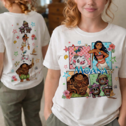 Moana Characters Front And Back PNG featuring Moana, Maui, Pua, Hei Hei, Kakamora, tropical flowers, and Disney-inspired artwork